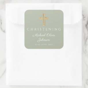 Religiöse Sage Green Wood Cross Christening Quadratischer Aufkleber