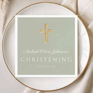 Religiöse Sage Green Wood Cross Christening Serviette
