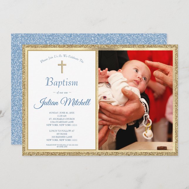 Religiöse Taufe Christening Gold Blue Baby Boy Einladung