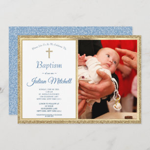 Religiöse Taufe Christening Gold Blue Baby Boy Einladung