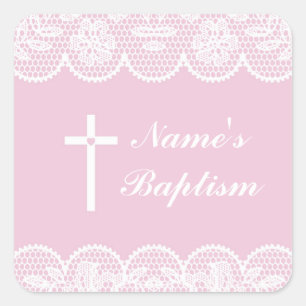 Religiöse Taufe-Namen-Aufkleber-rosa Quadratischer Aufkleber