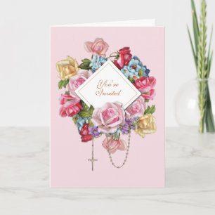 Religiöse Vintage Rose Rosary Floral Katholische Karte