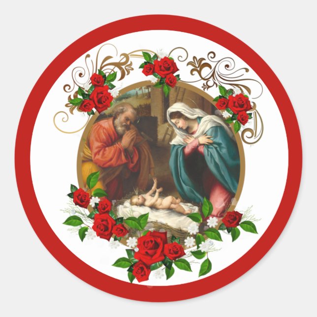 Religiöse Weihnachten Jesus Mary Joseph Rote Rosen Runder Aufkleber (Vorderseite)