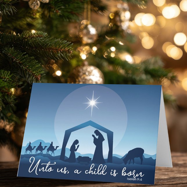Religiöse Weihnachtskrippen Blau Feiertagskarte (Von Creator hochgeladen)
