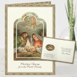 Religiöse Weihnachtskriptur Verse Feiertagskarte<br><div class="desc">Mit der Jungfrau Mary,  St. Joseph und BabyJesus mit Engeln oben ein wunderschönes Vintage-Bild der Krippe. Im Inneren ist das gleiche Bild mit einem Weihnachtsbuch Vers. Alle Texte und Schriftart können geändert werden.</div>