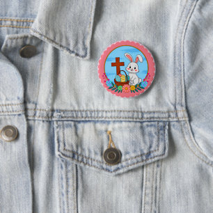 Religiöser Osterhase mit Kreuz und Blumenei Button