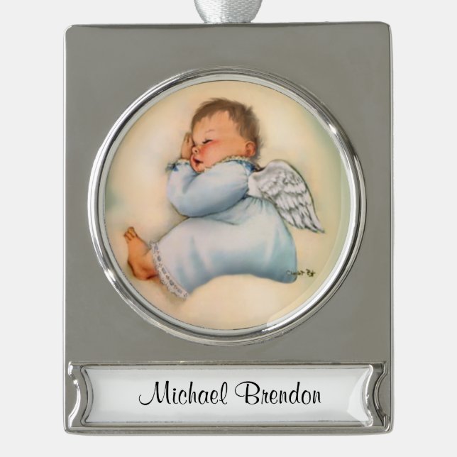 Religiöses Baby-Engels-Schlafen Banner-Ornament Silber (Vorderseite)