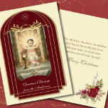 Religiöses Baby Jesus Scripture Weihnachten Vintag<br><div class="desc">Mit einem wunderschönen traditionellen katholischen religiösen Vintage-Bild des Jesus-Babys auf dem Altar in einer Manier mit dem Eucharisten. Alle Texte und Schriftart können geändert werden. Innen ist ein anderes, nach Maß entworfenes Bild des Jesus-Babys mit Rose und einer Schrift Vers. Eine Kerze mit Rose und ein Rosenkranz befinden sich auf...</div>