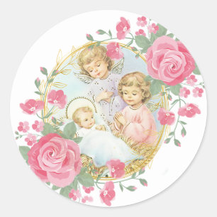 Religiöses Baby Jesus WeihnachtsAngels Pink Roses Runder Aufkleber
