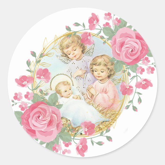 Religiöses Baby Jesus WeihnachtsAngels Pink Roses Runder Aufkleber (Vorderseite)