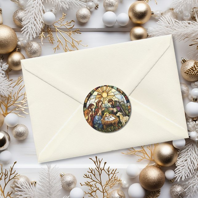 Religiöses Buntglas Weihnachtsfest Runder Aufkleber (Religious Stained Glass Nativity Holiday Classic Round Sticker)