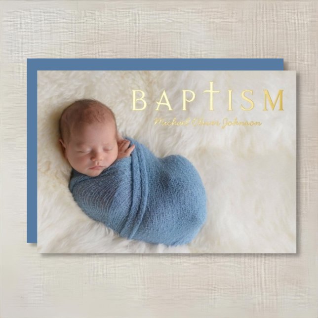 Religiöses Cross Boy Baptism Foto Gold Folieneinladung (Religious Cross Boy Baptism Photo Gold Foil Invitation)