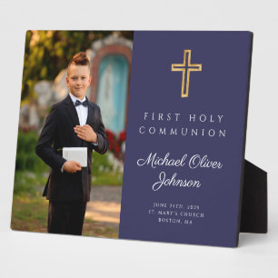 Religiöses Cross First Communion Boy Foto Blue Fotoplatte