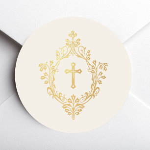 Religiöses Elfenbein-Unechtes Goldkreuz im vintage Runder Aufkleber