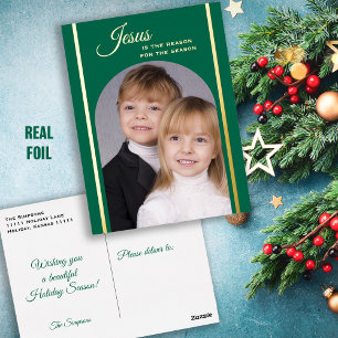 Religiöses Foto Weihnachten Grün Gold Folien Feiertagspostkarte