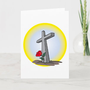 Religiöses Grabkreuz mit roter Rose Karte