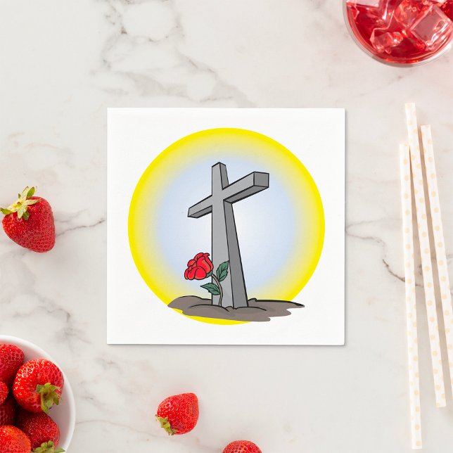 Religiöses Grabkreuz mit roter Rose Serviette (Von Creator hochgeladen)