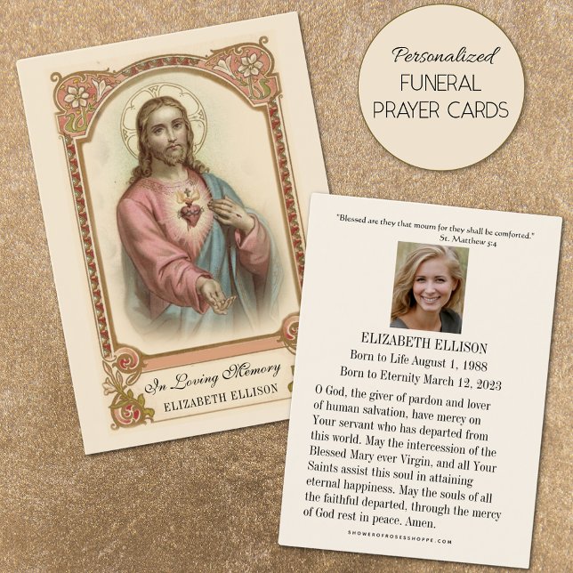 Religiöses Heiliges Herz Jesu Beerdigung Gebet (Featuring traditional Catholic Sacred Heart of Jesus personalized funeral prayer cards)
