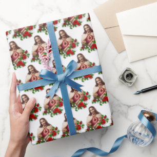 Religiöses Heiliges Herz Jesus Rote Rosen  Geschenkpapier