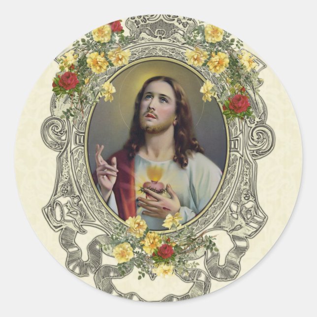 Religiöses Heiliges Herz Jesus Vintage Rose Runder Aufkleber (Vorderseite)