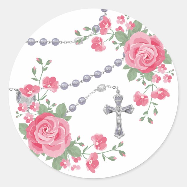 Religiöses Heiliges Rosary Pink Roses Blumenkreuz Runder Aufkleber (Vorderseite)