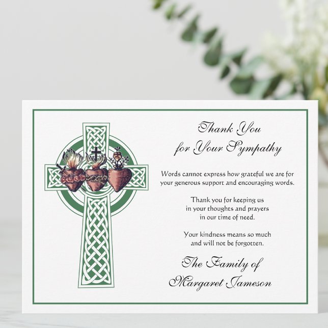 Religiöses, katholisches keltisches Cross-Beileid Dankeskarte (Irish Celtic Cross with the Three Hearts of Jesus, Mary, and Joseph Funeral Thank You Cards
)