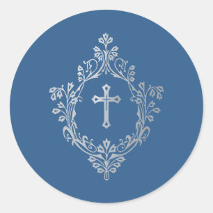 Religiöses Klassisches Blau Falsches Silberkreuz i Runder Aufkleber