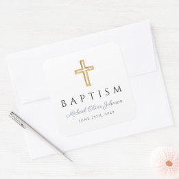 Religiöses Kreuz Dusty Blue Script Junge Taufe Quadratischer Aufkleber