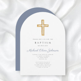 Religiöses Kreuz Dusty Blue Script Jungen-Taufe Einladung