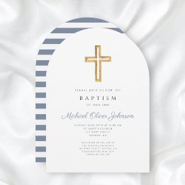 Religiöses Kreuz Dusty Blue Streifen Junge Taufe T Einladung