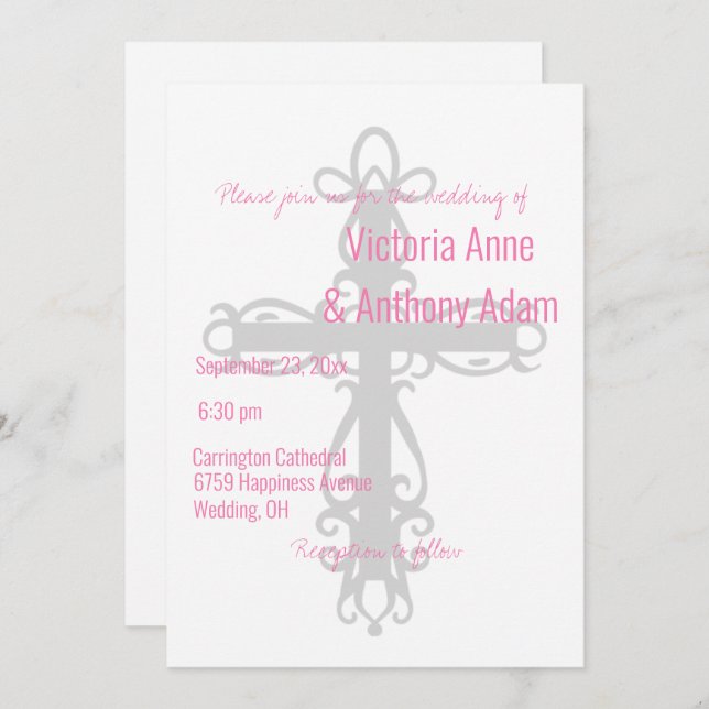 Religiöses Kreuz Elegante Christliche rosa Hochzei Einladung (Vorne/Hinten)