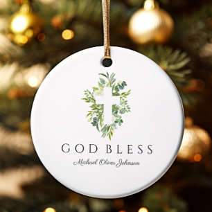 Religiöses Kreuz Grün Botanisch Gott segne Taufe Keramik Ornament