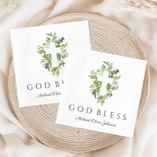 Religiöses Kreuz Grün Botanisch Gott segne Taufe  Serviette