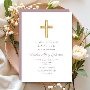 Religiöses Kreuz Lila Schrift Mädchen Taufe Einladung