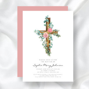 Religiöses Kreuz Rosa Florales Mädchen Taufkleid Einladung