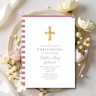 Religiöses Kreuz rosa Streifen Mädchen Taufkleid   Einladung
