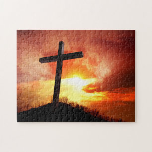 Religiöses Osterkreuz bei Sonnenuntergang Puzzle