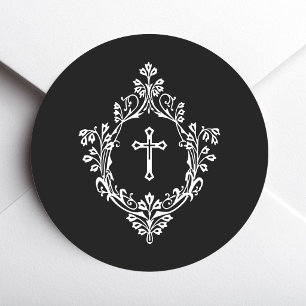 Religiöses Schwarz-Weiß-Kreuz im vintage Wappen Runder Aufkleber