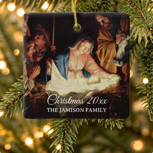 Religiöses Weihnachtsfoto mit der Heiligen Familie Keramikornament