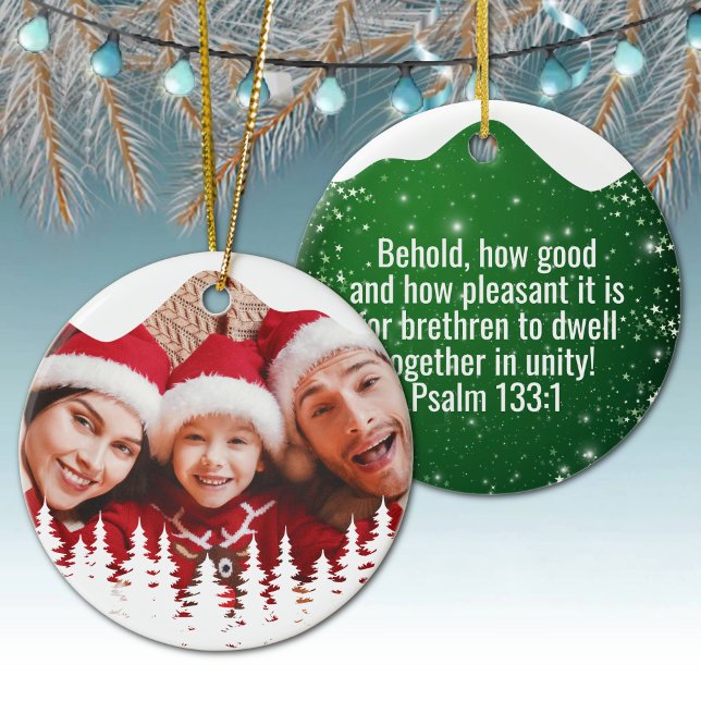 Religious Christian Scripture Divine Passage ⛪️ 🎄 Keramik Ornament (Custom image Gospel Psalm 133:1 Religious Holiday Ceramic Devotional Ornament green star sparkle 🌲✞)