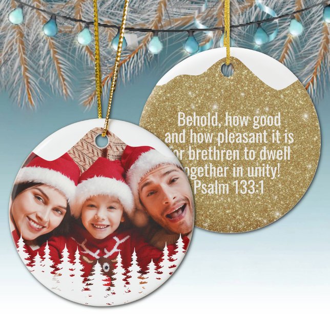 Religious Christian Scripture Divine Passage ⛪️ 🎄 Keramik Ornament (Custom image God Gospel Psalm 133:1 Religious Holiday Ceramic Devotional Ornament golden sparkle 🌲✞)