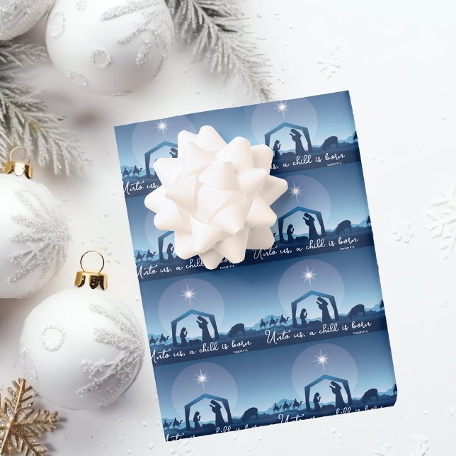 Religious Christmas Nativity Scene Blue Geschenkpapier Set (Von Creator hochgeladen)