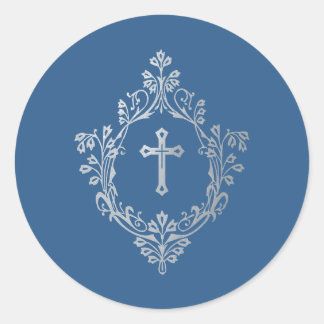Religious Classic Blue Faux Silver Cross in Crest  Runder Aufkleber