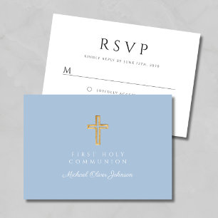 Religious Cross Baby Blue Boy First Communion RSVP Karte