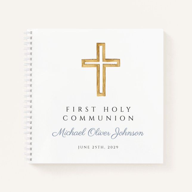 Religious Cross Blue Boy First Communion Guestbook Notizbuch (Vorderseite)