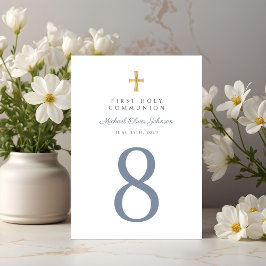 Religious Cross Blue Boy First Communion Tischnummer