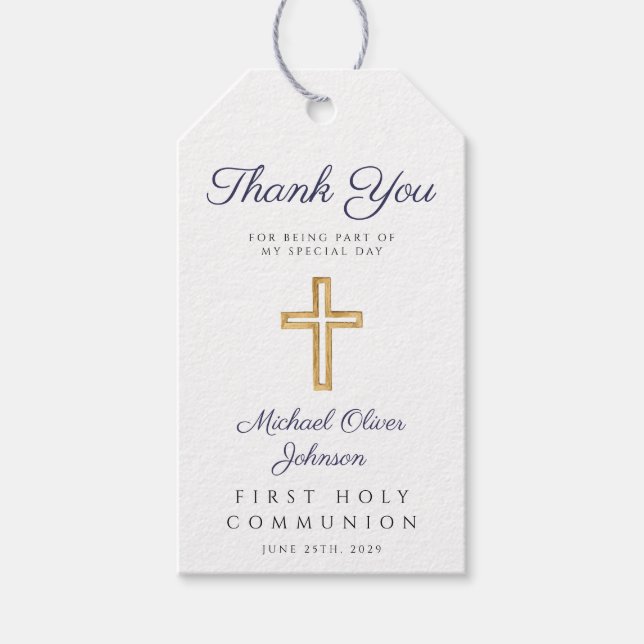 Religious Cross Blue Stripes Boy First Communion Geschenkanhänger (Vorderseite)