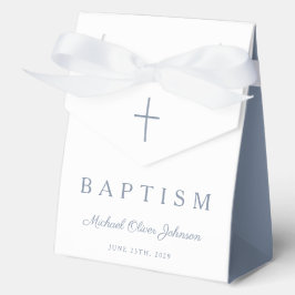 Religious Cross Dusty Blue Script Boy Baptism Geschenkschachtel