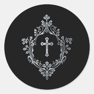 Religious Cross in Crest Black Faux Silver Vintage Runder Aufkleber
