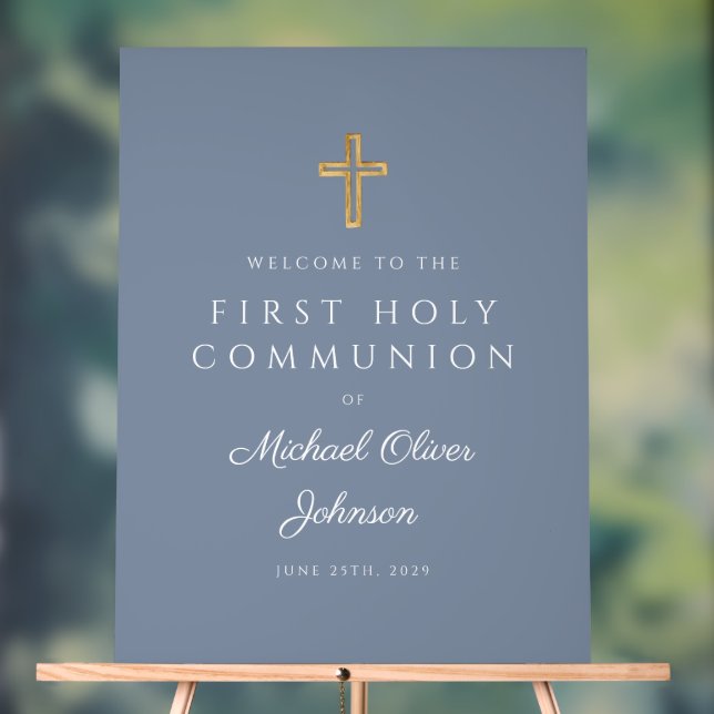 Religious Dusty Blue Boy Erste Kommunion Willkomme Acrylschild (Neutral)